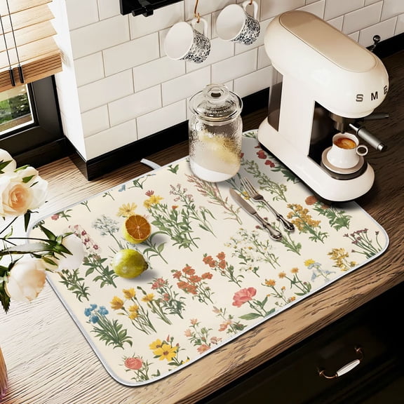 Yayeee Dish Drying Mat for Kitchen Counter 16" x 18" Microfiber Super Absorbent Coffee Decorative Pad, Beige Wildflowers