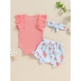 thumbnail image 4 of Nygoyerh Baby Girls Summer 3Pcs Outfits Fly Sleeve Letter Print Romper + Cute Fruits Print Shorts + Bow Headband 3M 6M 9M 12M 18M Newborn Infant Casual Shorts Sets, 4 of 9
