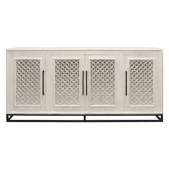 Juno 4-Door Sideboard in Distressed White with Traditional Carving on Solid Wood