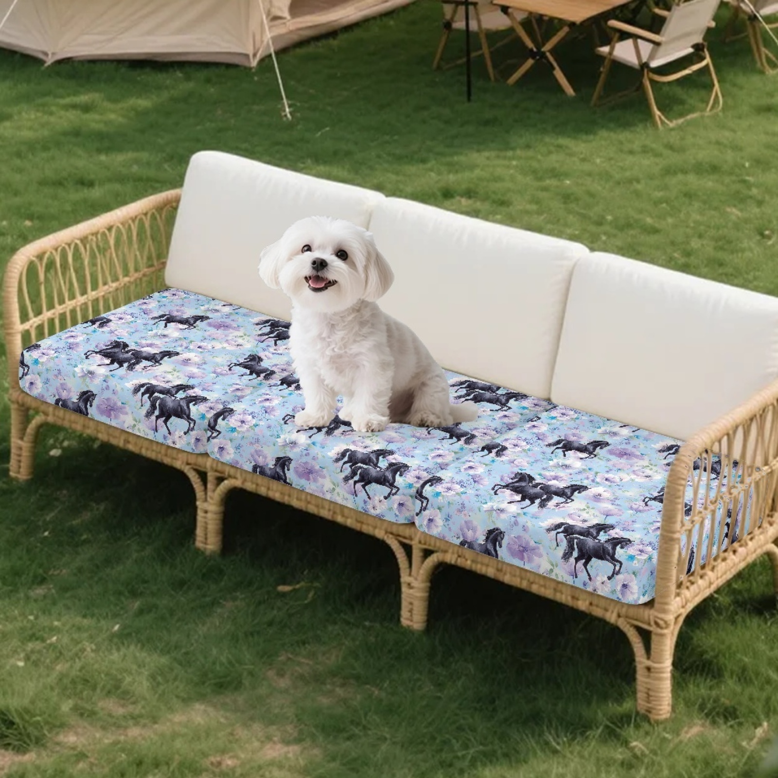 Xoenoiee Blue Flower Horse Print 3-Piece Stretch Couch Cushion Covers, Non-Slip Elastic Sofa Seat Slipcovers Washable Furniture Protector for 3 Cushion Couch, Loveseat, Sectional