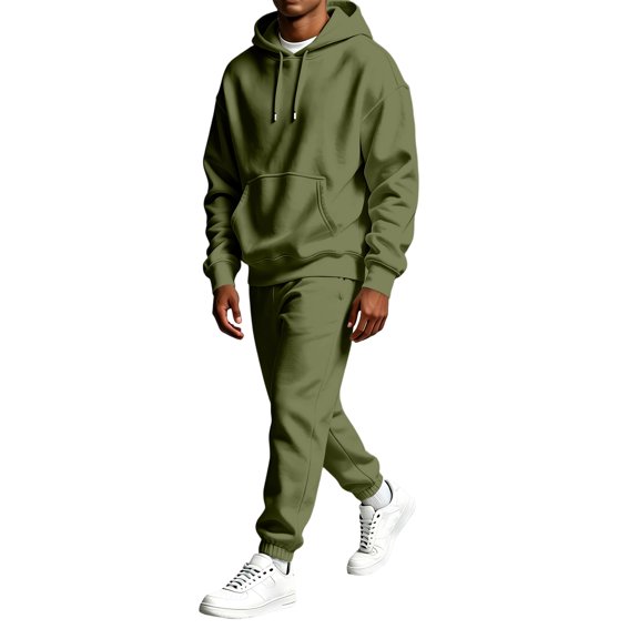 Sweatsuits Men 2 Piece Outfit Casual Solid Hooded Pullover and Elastic Cuffed Jogger Pants Set Vintage Relax Fit Tracksuit for Daily Home Sports Wear Army Green XXL