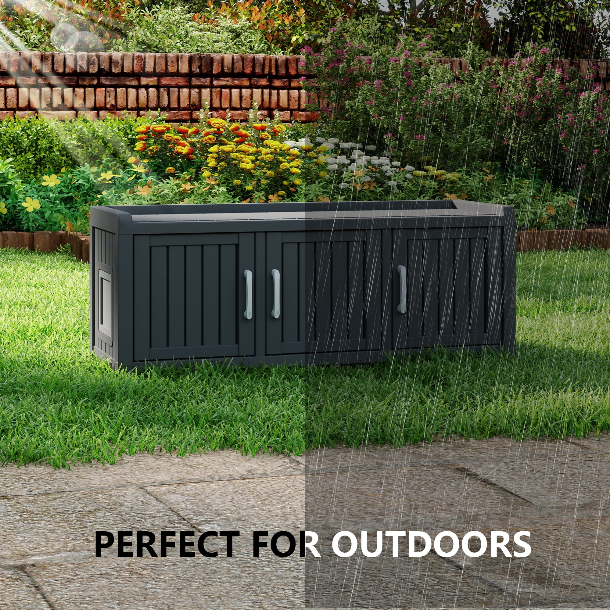 Decksplore Hidden Cat Litter Furniture (46.9"x17.6"x17.8"), HDPE Cat Cabinet, Three-Door, Cat Litter Box Storage for Bedroom, Courtyard (Black)