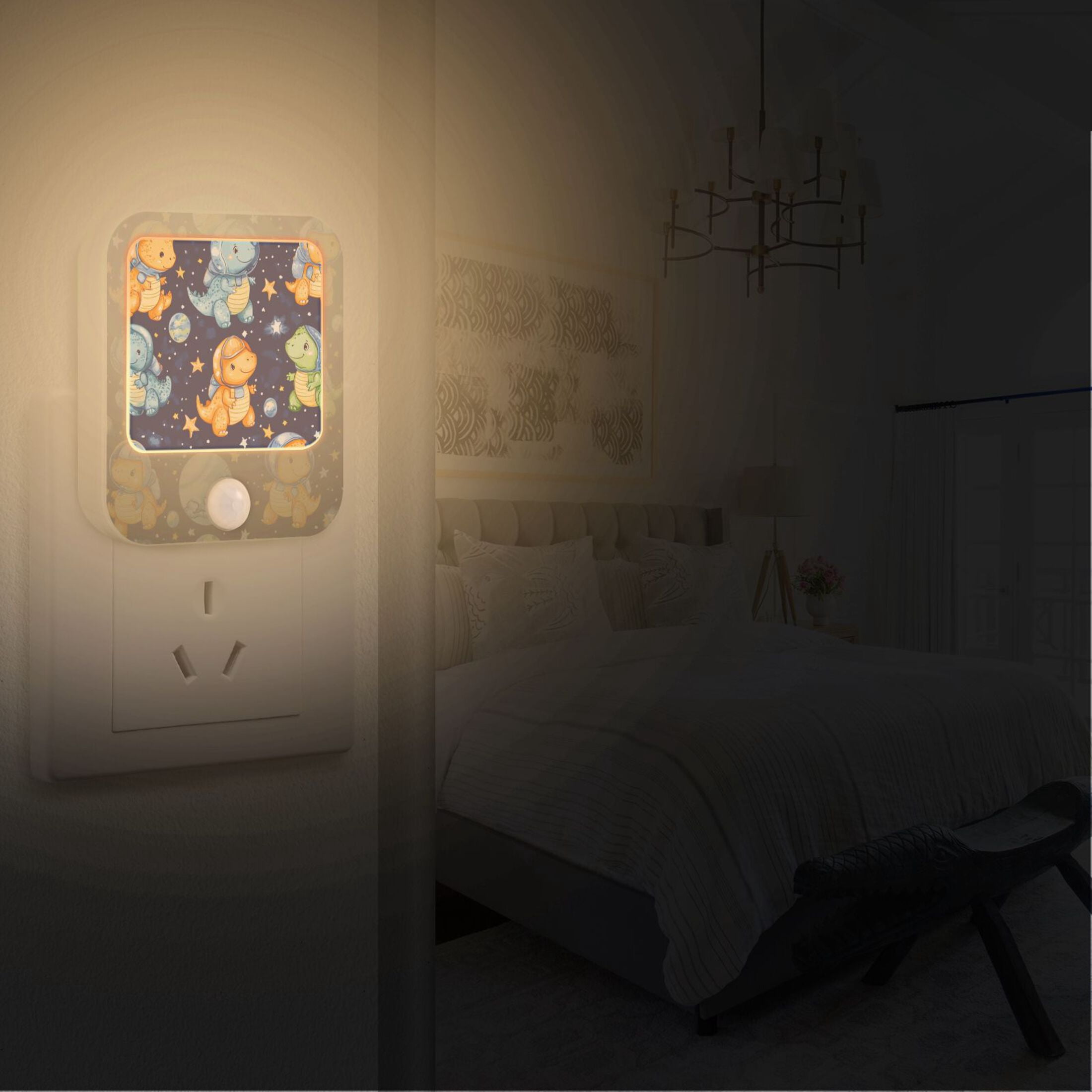 WOBOGO Colorful Dinosaur Patterns Night Light Lamp with Smart Sensor Dusk to Dawn Sensor 0.6W Plug-in 2-Pack