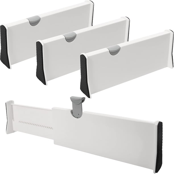 Divisor modular de cajones de plástico (juego de 4) - 28 x 10 cm - Divisor extensible - Organizador de cajones para cocina, dormitorio, baño, oficina, armario y cómoda