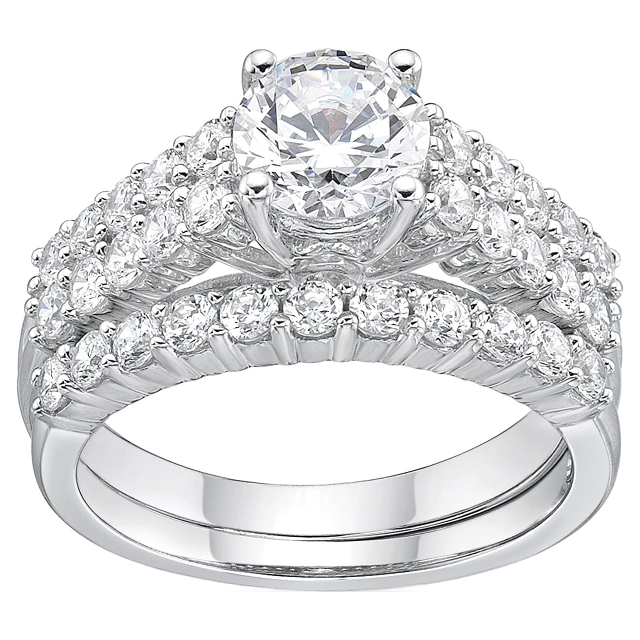 Jay Heart Designs 925 Sterling Silver Simulated White Diamond Round Bridal Engagement Ring Set