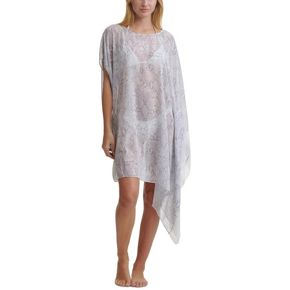 DKNY PEARL GREY Asymmetrical Chiffon Caftan Swim Cover-Up, US Large/X-Large