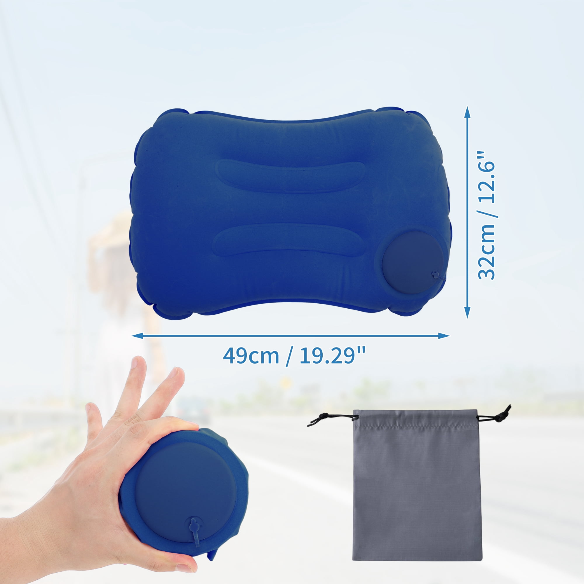 Unique Bargains Travel Pillow Press to Inflate Neck Pillow Blue 19.29"x12.6"