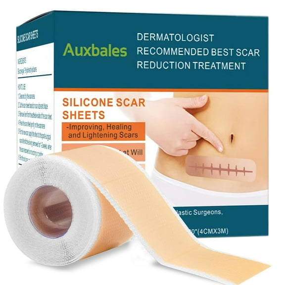 Auxbales Silicone Scar Sheets (1.6” x 120”Roll), Silicone Scar Tape Roll, Scar Silicone Strips, Scar Removal Sticker for C-Section, Surgery, Burn, Keloid, Acne
