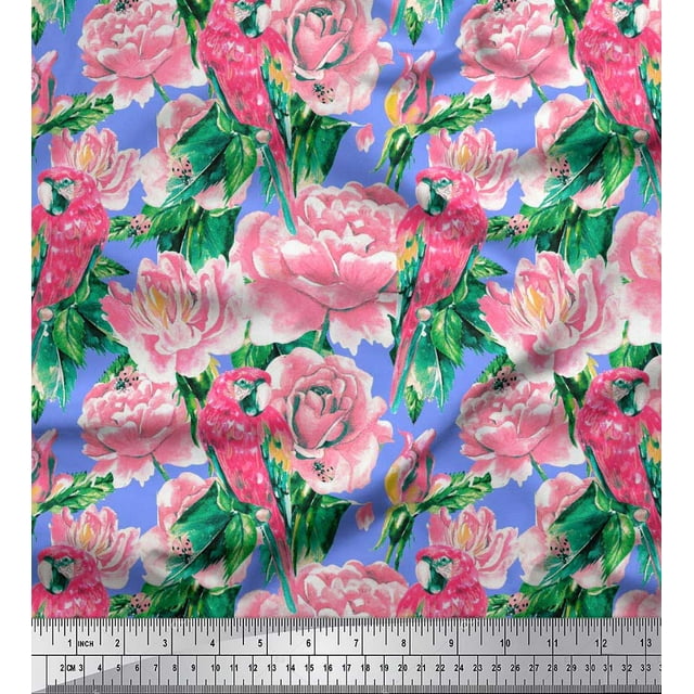 Soimoi Japan Crepe Satin Fabric Leaves,Rose & Parrot Bird Decor Fabric Printed Yard 42 Inch Wide