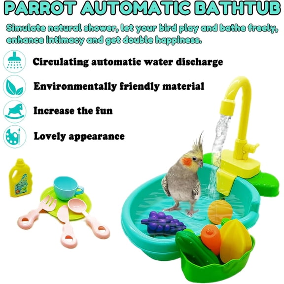Parrot Bathtub with Faucet, Automatic Bird Shower for Small Medium Birds, Green