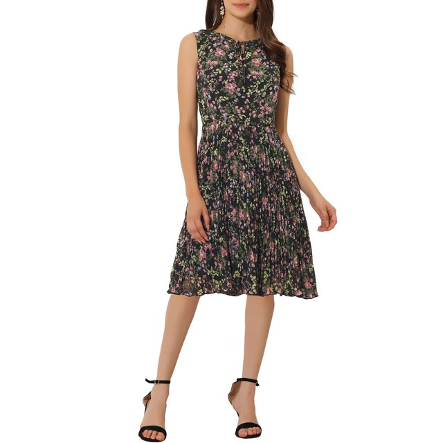 INSPIRE CHIC Robe Femme Été Florale Ligne A Longueur Genou Sans Manches Plissée Midi Robe L Noir
