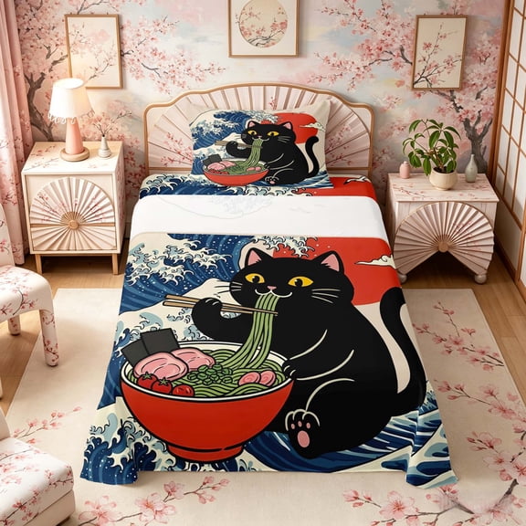 Manfei Cartoon Black Cat Twin Sheet Sets for Girls Women, Ramen Wave Bedding, Beige Blue Red 3 Pieces, 1 Flat Sheet, 1 Fitted Sheet and 1 Pillowcase