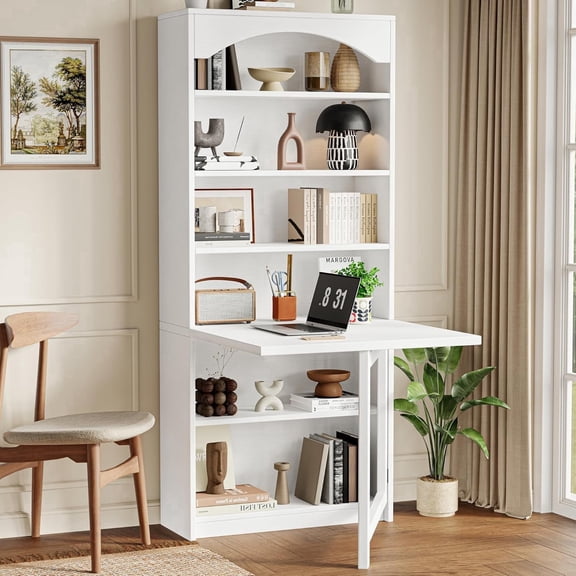 Virans  72.8" Tall Bookcases,6-Tier Open Bookshelf with Folding Table,Freestanding Display Storage Shelves for Home Office,Living Room,Bedroom,White