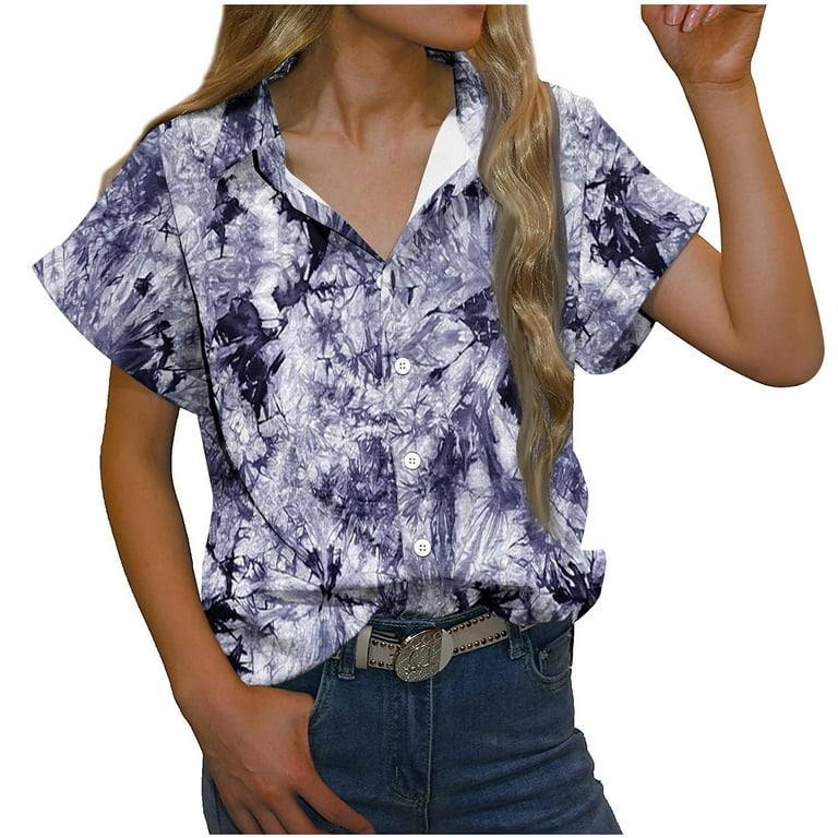 YYDGH Womens Casual Short Sleeve Button Down Shirts Summer Cotton Solid  Color Top Blouses with Pockets Dark Blue M