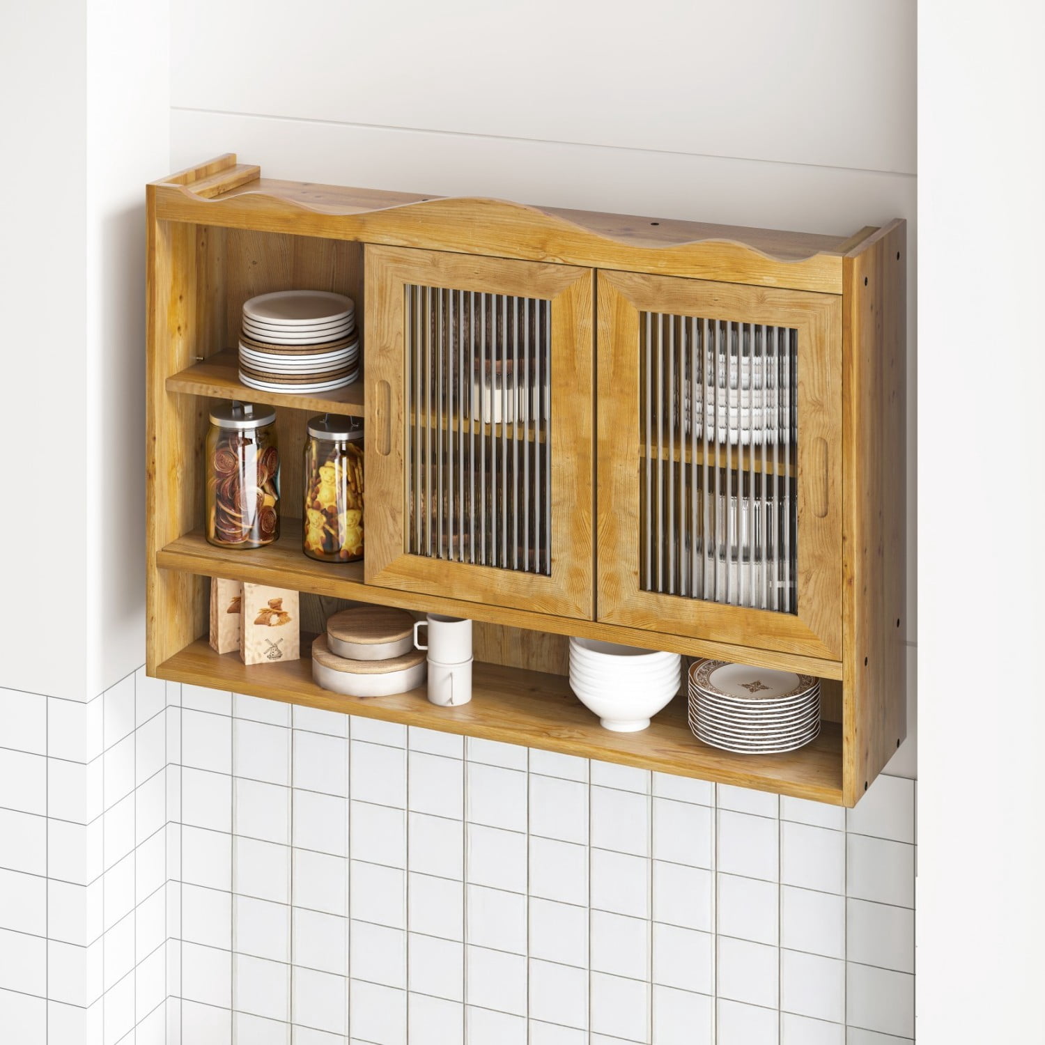 35.4" Retro Wall Mounted Storage Cabinet with 2 Sliding Glass Doors, 3 Tier Wooden Shelves, Space Saving Display Cupboard for Bathroom Kitchen Dining Room, Natural