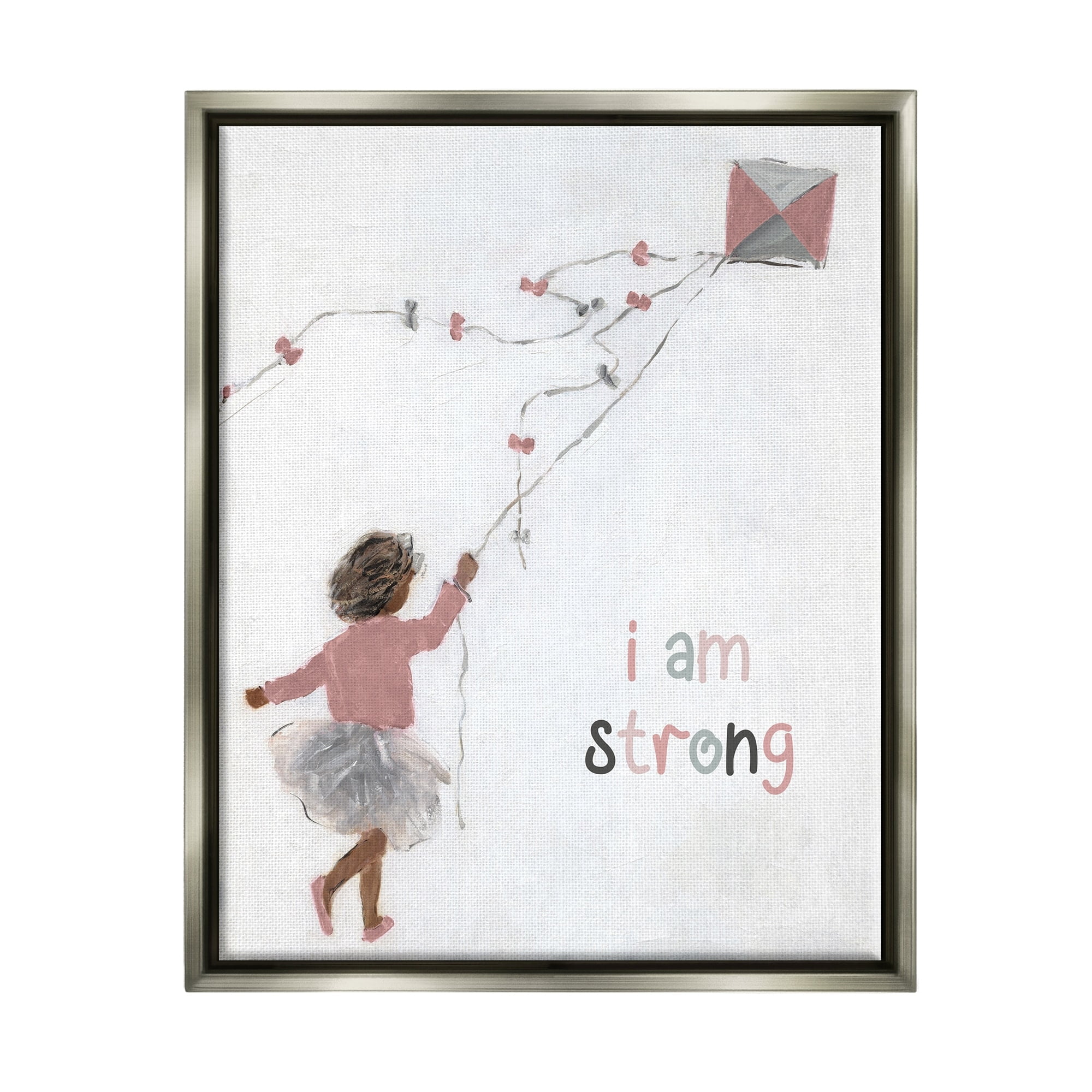 Stupell Industries I Am Strong Motivating Kids Kite Flying Painting Graphic Art Luster Gray Floating Framed Canvas Print Wall Art, Design by Sally Swatland
