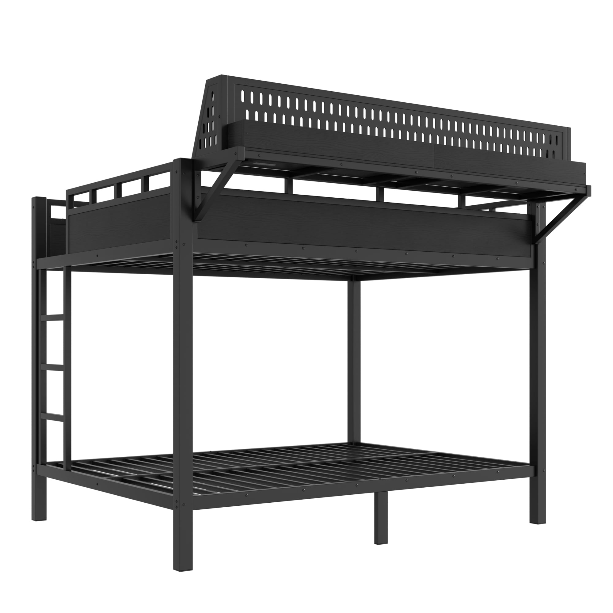 Leumius Queen over Queen Size Bunk Bed with Storage Shelves and Pegboard,Heavy Duty Metal Bunk Bed with USB Ports and LED Lights,Space-Saving,Black