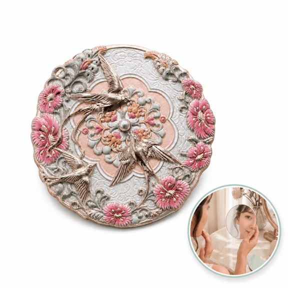 Tang Dynasty Double Lark Embossed Compact Mirror, Lucky Symbol for Happiness, Portable Pocket Travel Cosmetic Makeup Mirror for Handbag
