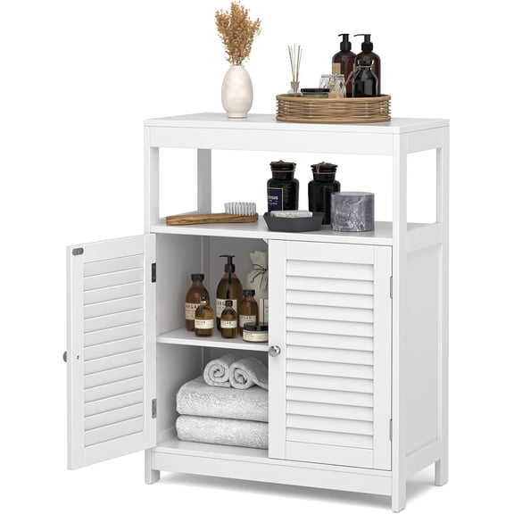 BarefHaven Bathroom Storage Cabinet, Freestanding Floor Cabinet w/Double Shutter Doors & 3-Position Adjustable Shelves, Wooden Bathroom Organizer for Living Room (White)
