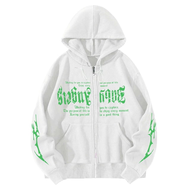 Bmisegm Femmes Mode à Imprimé de Lettres Chandails à Capuchon Amples Style Oversize Gothique Hop Chandails à Manches Longues Chandails Décontractés pour Femmes Blanc G