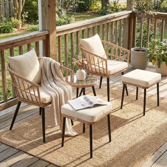 FHFO 5 Piece Patio Bistro Set, Outdoor Wicker Furniture, Rattan Table & Chairs Set with Cushions (Yellow/Beige)