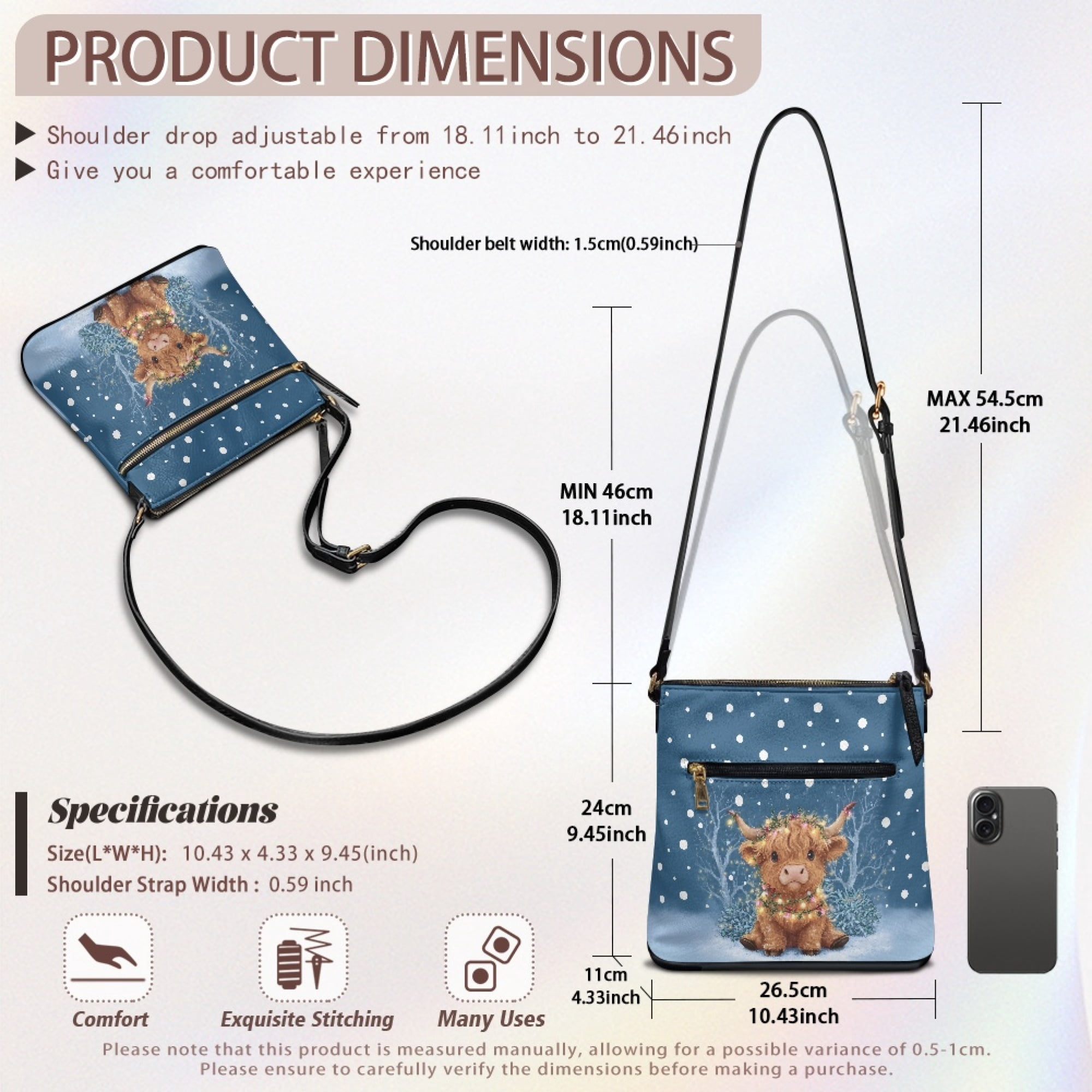 Kuiaobaty Highland Cow Snowflake Print Crossbody Bag for Women Travel, Zipped Pockets Leather Shoulder Purse Crossbody with Adjustable Strap, Waterproof Messenger Handbag for Christmas
