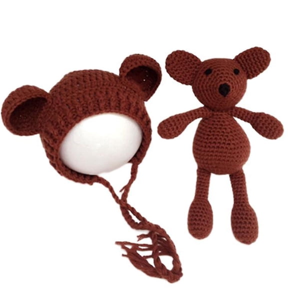 Accesorios de fotografía para recién nacidos, juguetes de oso de punto para niños y niñas de ganchillo con sombrero de oso, adecuado para bebés de 0 a 2 meses (marrón) Feliz Sencillez