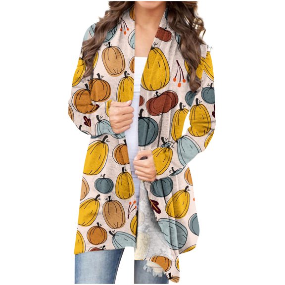USSUMA Women's Open Front Cardigan Lightweight Casual Blouse Hat Candy Pumpkin Print Cardigan Coat Long Sleeve Tops Funny Shirt Coat