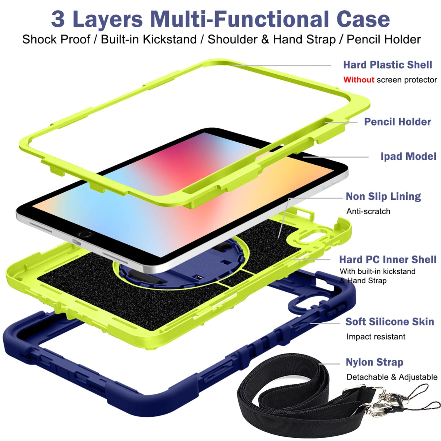 Tarise Case for Apple iPad 10th Generation 10.9 inch (2022), 360° Rotating Kickstand with Pencil Holder/ Hand Strap/ Shoulder Strap Hard PC Rugged Silicone Shockproof Stand Cover, Navy + Yellow Green