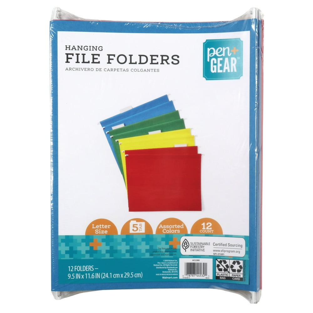 PEN+GEAR Hanging File Folders, 1/5Cut Tab, Assorted Colors, Letter, 12