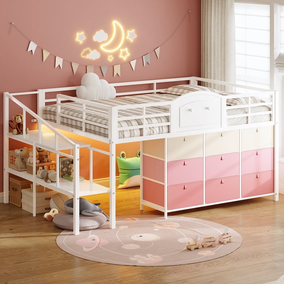AOGLLATI Full Size Low Loft Bed with 9 Storage Drawers and Under-Bed Hideaway, Metal Loft Bed with Storage Shelf and LED Lights White