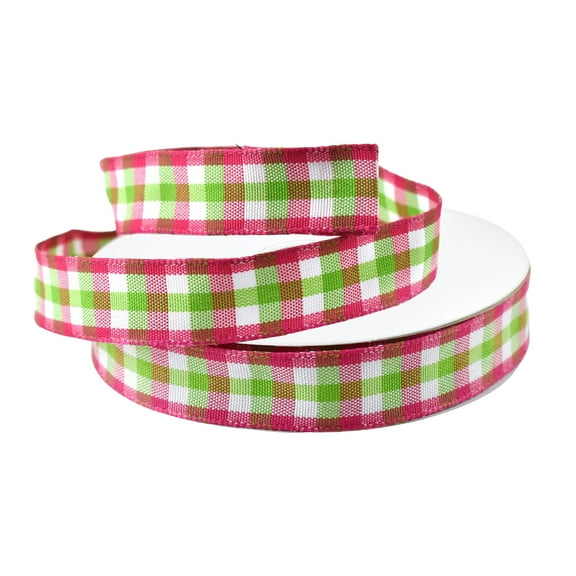 Fuchsia/Green Classica Checks Wired Ribbon, 5/8-inch, 10-yard, White