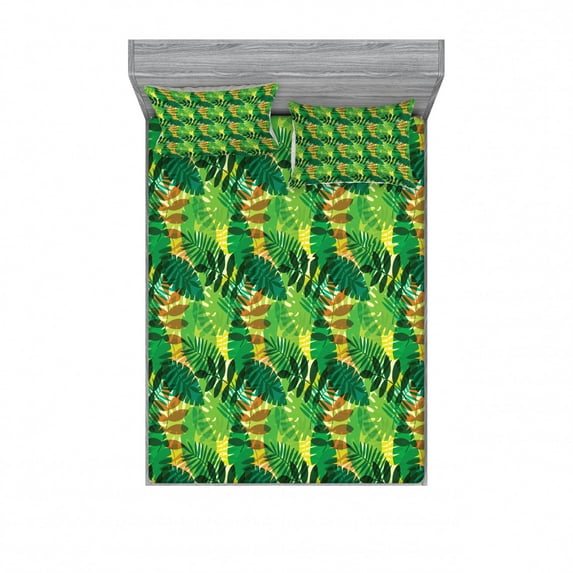 Tropical Bedding Set with Sheet & Covers, Exotic Palm Leaves Greenery Foliage Composition of Hawaiian Style Summery Plants, Printed Bedroom Decor 2 Shams, 4 Sizes, Multicolor, by Ambesonne