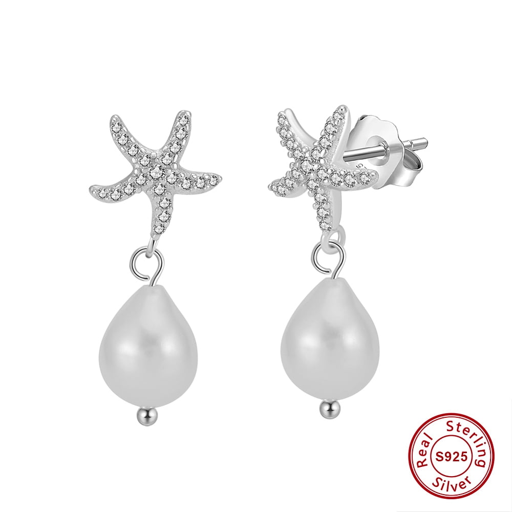 S925 Sterling Silver Starfish Dangle Stud Earrings with Natural Freshwater Pearl & S925 Stamp & Clear Cubic Zirconia Real Platinum Plated 24x9.5mm Sterling Silver+Pearl