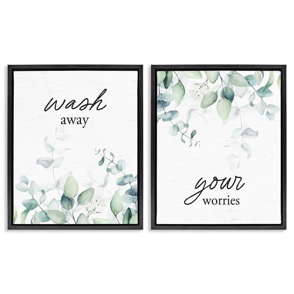 Wash Away Your Worries Leaves 2 Piece Black Framed Floater Canvas Set, design by Lettered and Lined