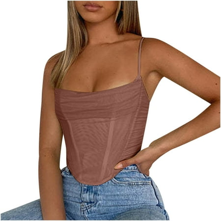 

COFEST Women s Comfy Mesh Slim Corset Fishbone Top Clearance Clothes 2023 Solid Dress Trendy Vintage Summer Sleeveless Drape Neck Shirts Casual Tunic Brown S