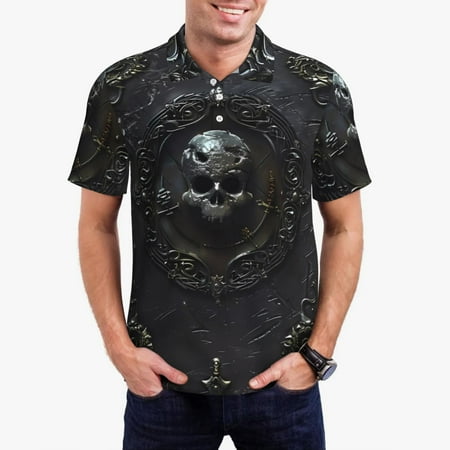 Goofa Ornate Dark Skull Book Print Mens Polo Shirts Quick Dry Short Sleeve Golf T Shirt Performance Moisture Wicking Casual Workout-X-Large