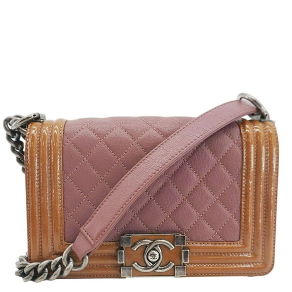 Pre-Owned CHANEL Duo Boy Flap Small Goatskin Leather Crossbody Bag Pink