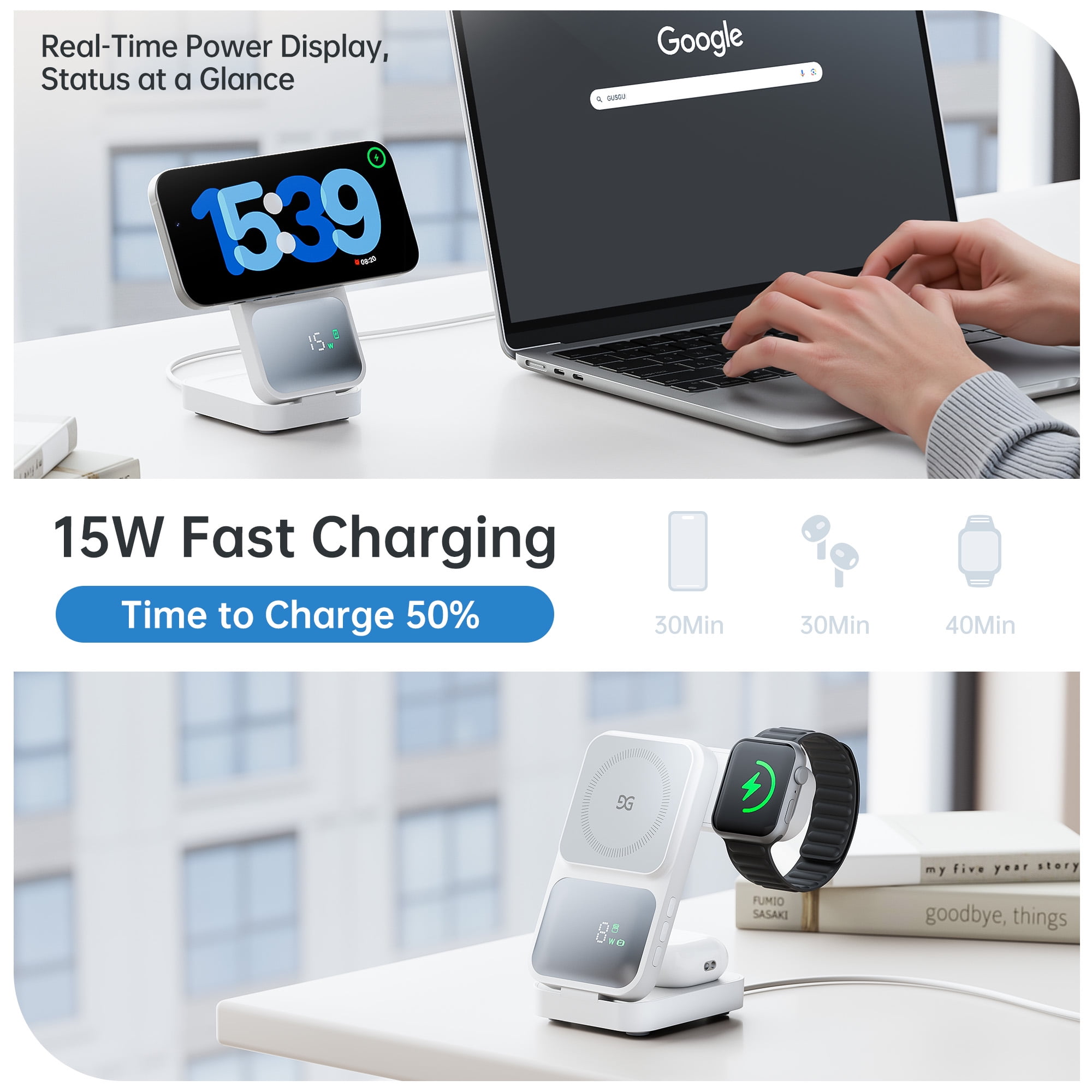 GUSGU MagTime 4-in-1 Charging Station, Foldable Wireless Charger Stand with Time Display for iPhone/Android, White