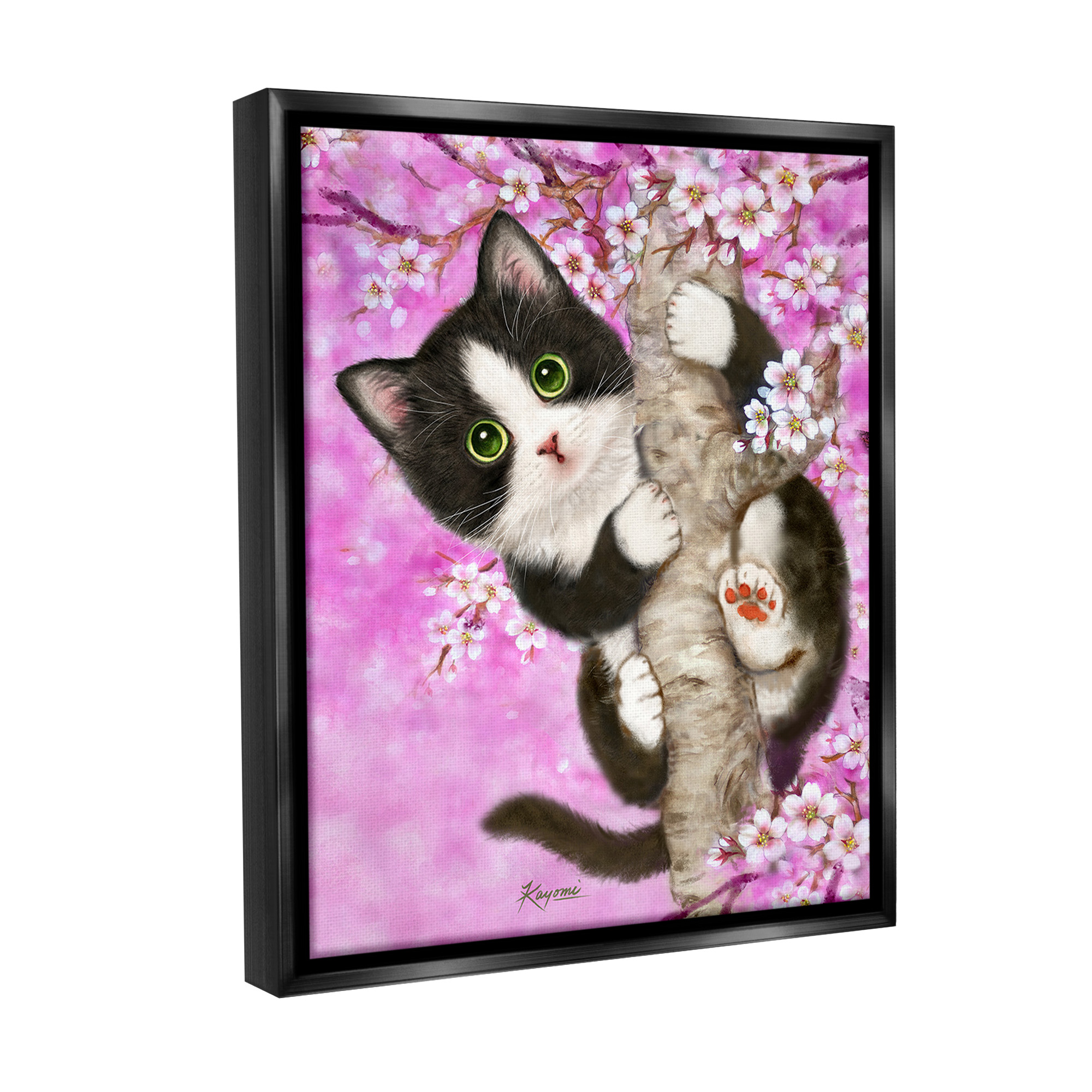 Stupell Industries Kitten & Cherry Blossoms Animals & Insects Painting Black Floater Framed Canvas Art Print Wall Art, 25 x 31