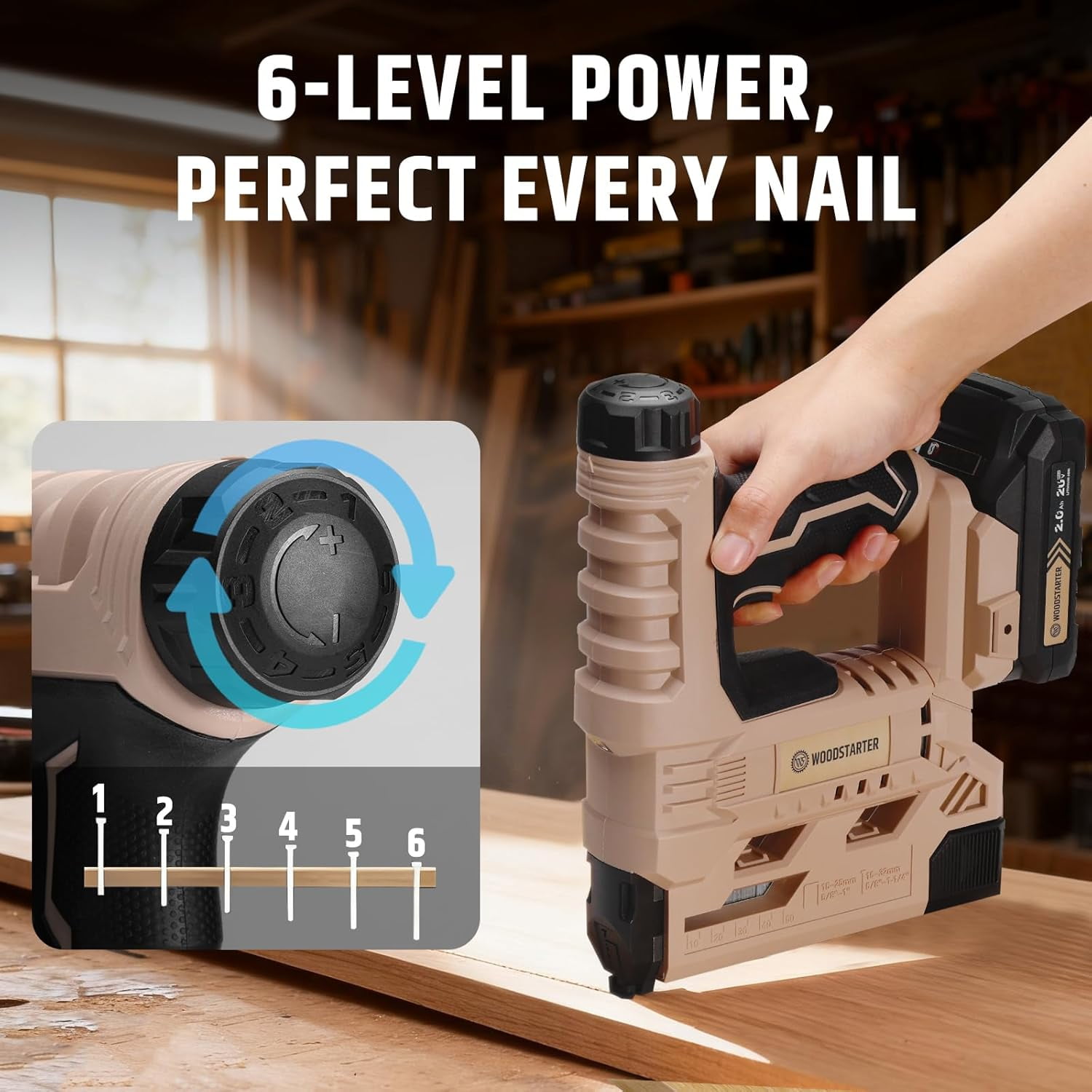 Cordless 2-in-1 Brad Nailer (Battery & Charger), 18GA Nails (5/8"-1-1/4") & Staples (5/8"-1"), 6-Level Depth Adjustment, LED Light, Safety Lock, 2000 Nails Included,
