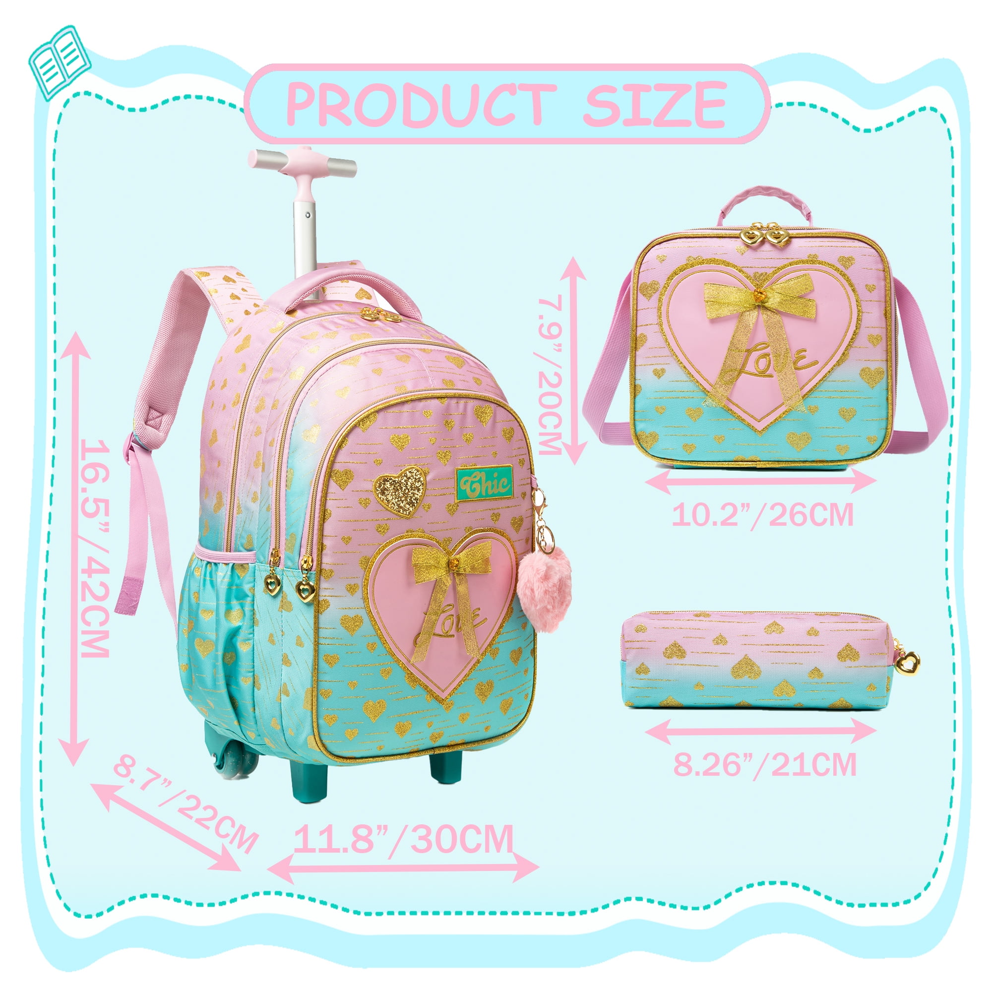 Kids Pink Rolling Backpacks for Girls with Wheels Roller School for Backpack with Lunch Bag Pencil Case for Ages 6-12