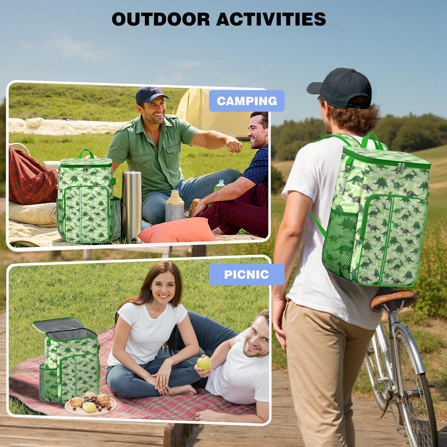 Travel Cooler Bag - Green Cartoon Dinosaurs Camouflage Pattern Camping Beer Cooler Backpack with Bottle Opener- Waterproof Insulated Picnic Backpacks - Cooler Bag for Beach