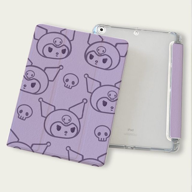 sanrio kuromi-funda protectora para tableta, carcasa con ranura para bolígrafo de tres pliegues, hellokitty cinnamoroll, para ipad air 1, 2, 3, ipad pro 2022, 12,9 pulgadas Funda lila con patrón repetido de la cara de Kuromi y calaveras, tapa de tres pliegues con textura sintética, carcasa trasera transparente rígida y ranura lateral para bolígrafo; adecuada también para guardar un Apple Pencil durante viajes cortos.