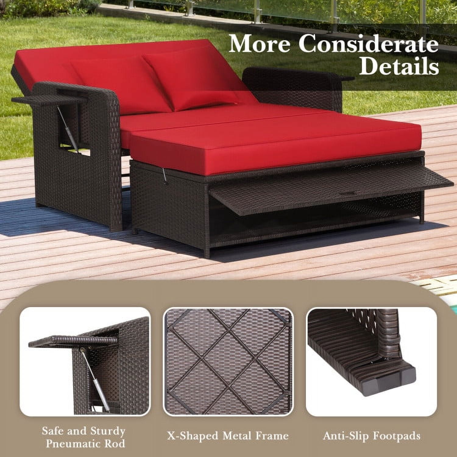 Aimee Lii Patio Rattan Daybed with 4-Level Adjustable Backrest and Retractable Side Tray, Outdoor Patio Set, Red Aimee Lii Patio Rattan Daybed with 4-Level Adjustable Backrest and Retractable Side Tray, Outdoor Patio Set, Red