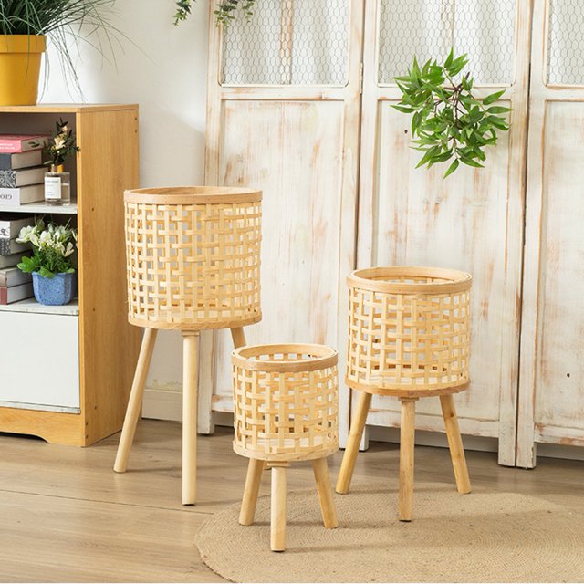 Estantes altos para el piso de la sala de estar, maceta tejida de bambú sintético, soporte para flores tejido, jardinera de ratán sintético, artesanía excepcional