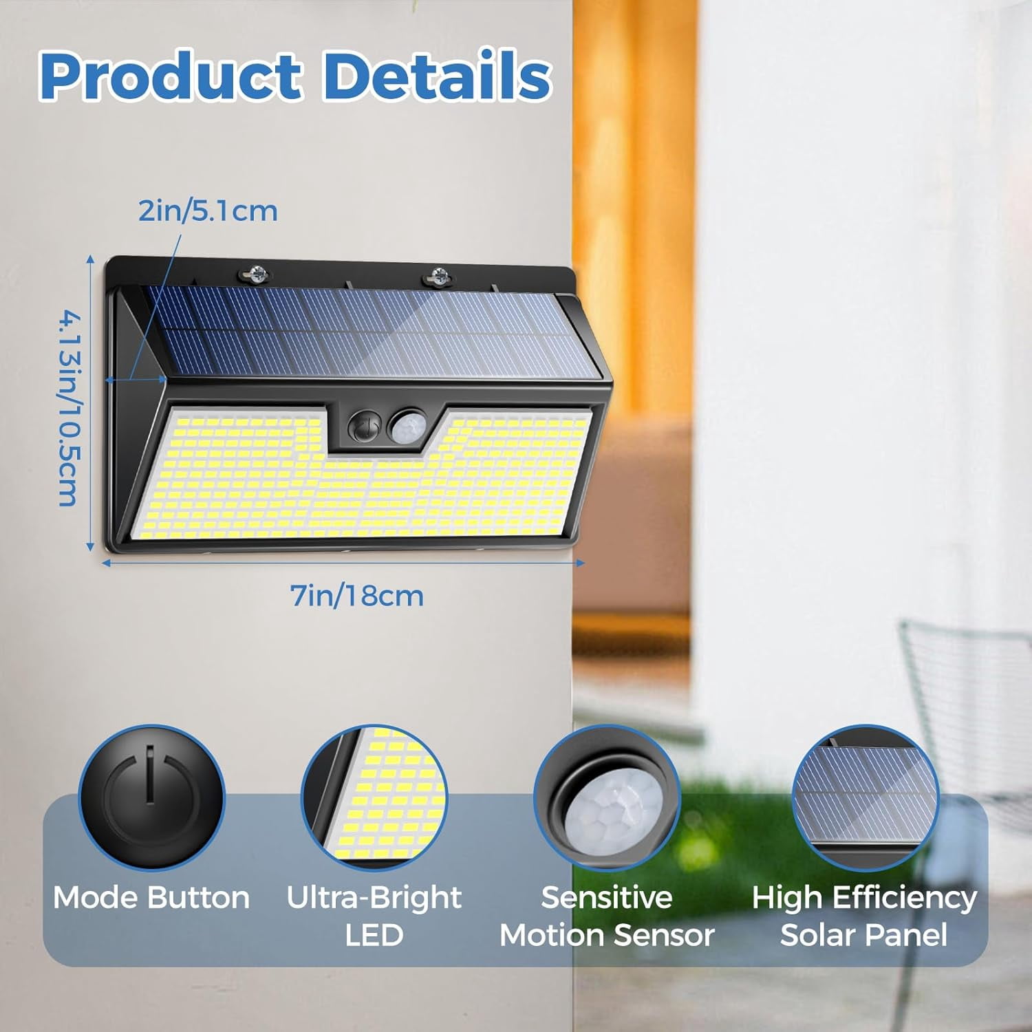 Peasur 318 LED Solar Outdoor Lights, IP65 Waterproof Motion Sensor Outdoor Lights 3 Modes Super Bright Security Flood Wall Lights for Garden, Fence, Front Door, Yard(Cool White)