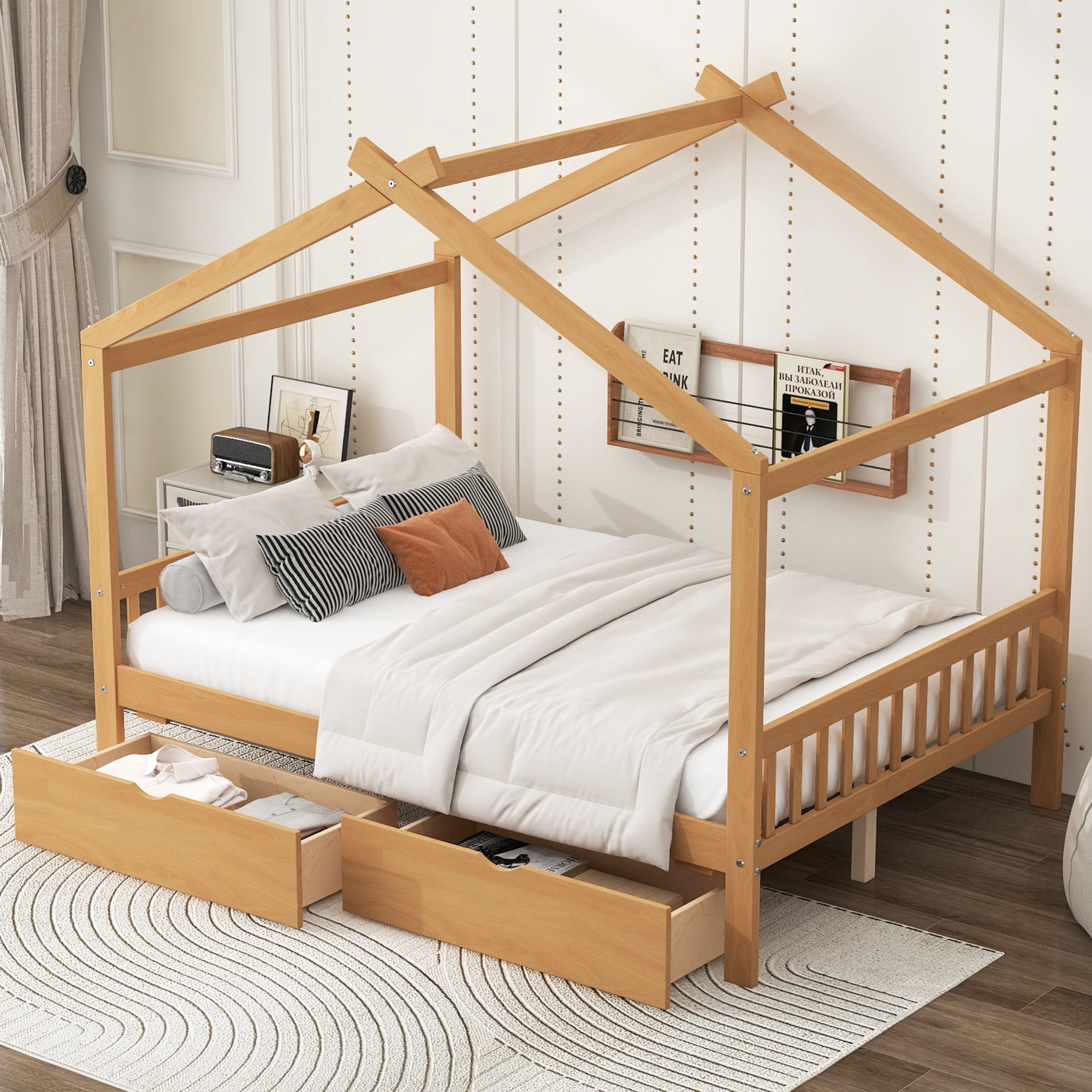 Noble House Clavell Full Size House Bed with 2 Storage Drawers, Headboard and Footboard, Playful Roof Design, Natural