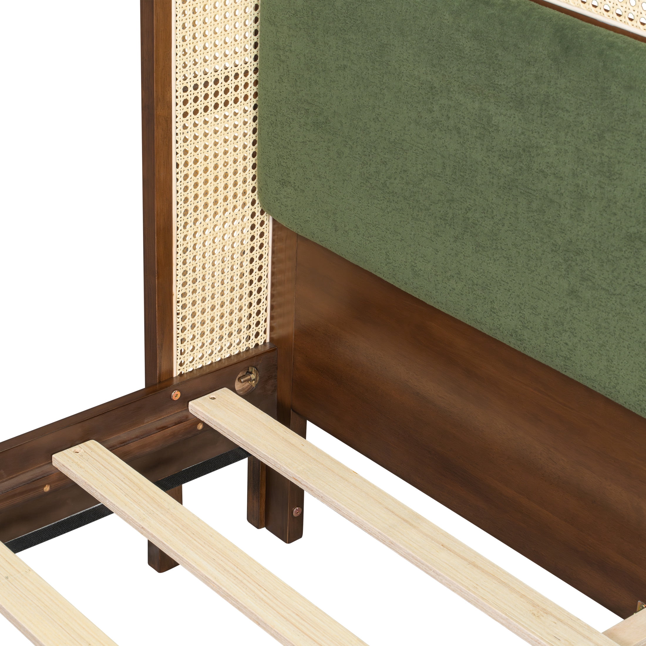 Christopher Knight Home King Size Bed Frame with Rattan Headboard, Contemporary Style, Green+Walnut