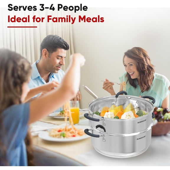 SUNHOUSE 5.5 Quart Steamer Pots With Lid - 2-Tier Multipurpose Stainless Steel Steaming Pot Cookware For Vegetable, Dumpling, Sauce, Food - Triple Bottom, Measurement Line